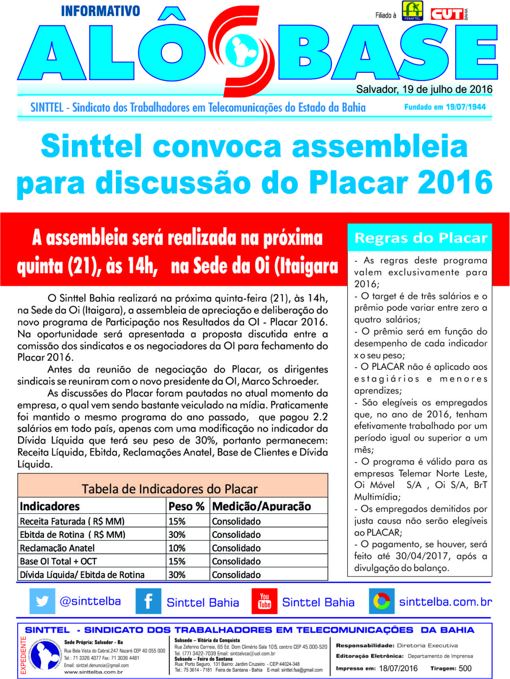 Sinttel convoca assembleia para discussão do Placar 2016